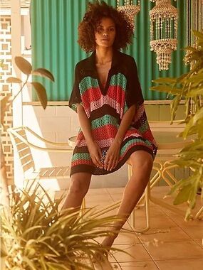 Free People Striped Crochet Poncho in Red, Pink, Green & Black